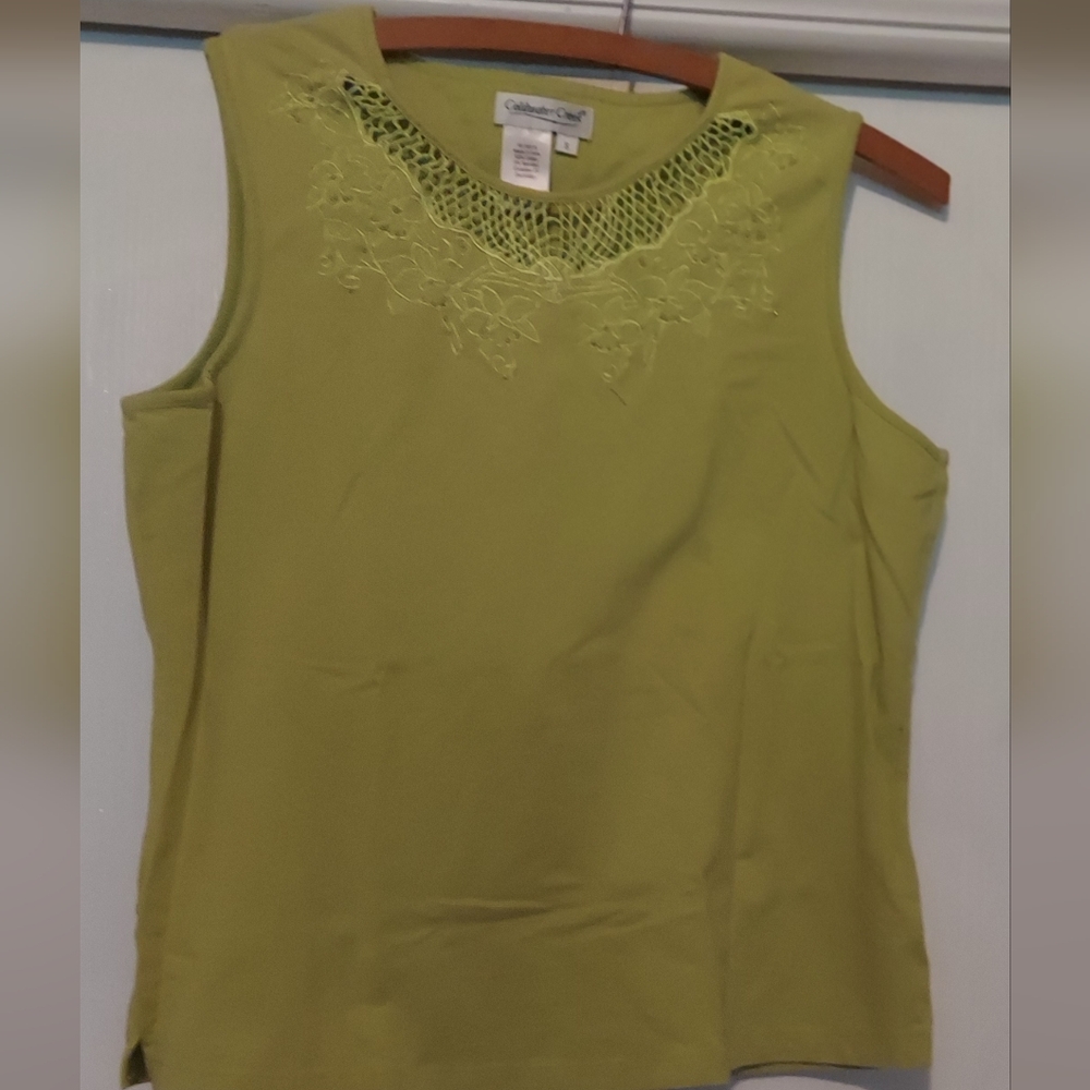Coldwater Creek Green Sleeveless Tank Top with Lace Detail